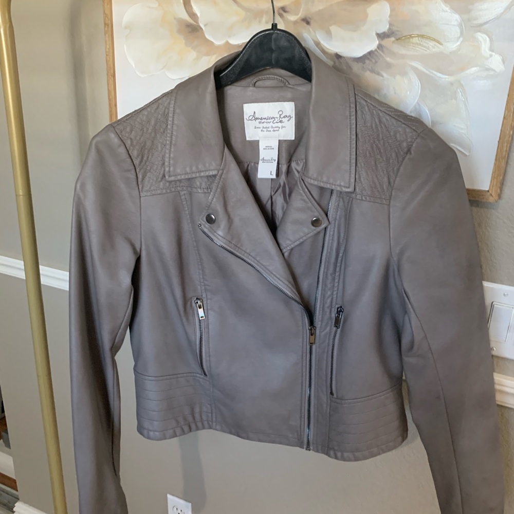 American Rag Gray Taupe Leather Jacket Asymmetrical Moto Style Macy’s